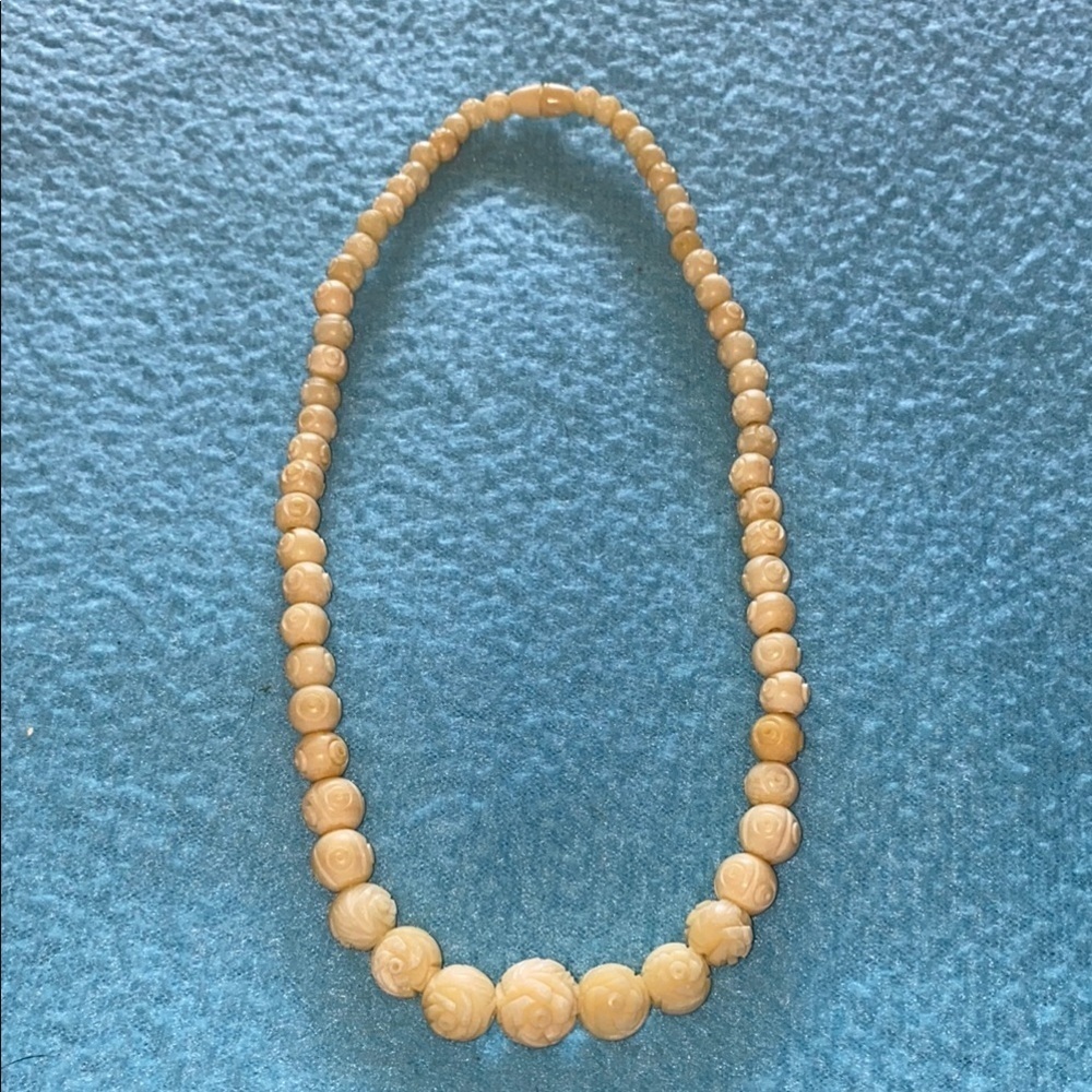 ROSE CABBAGE Necklace vintage 1920 hand carved bone beads art deco cream color